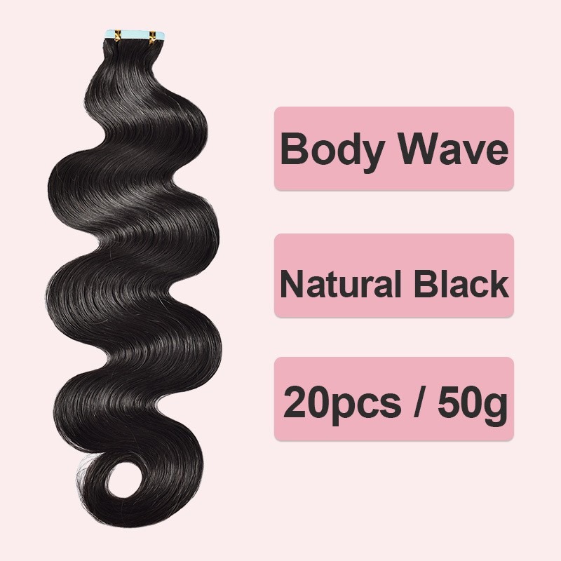 Human hair tape hair extensions with a smooth and sleek straight style